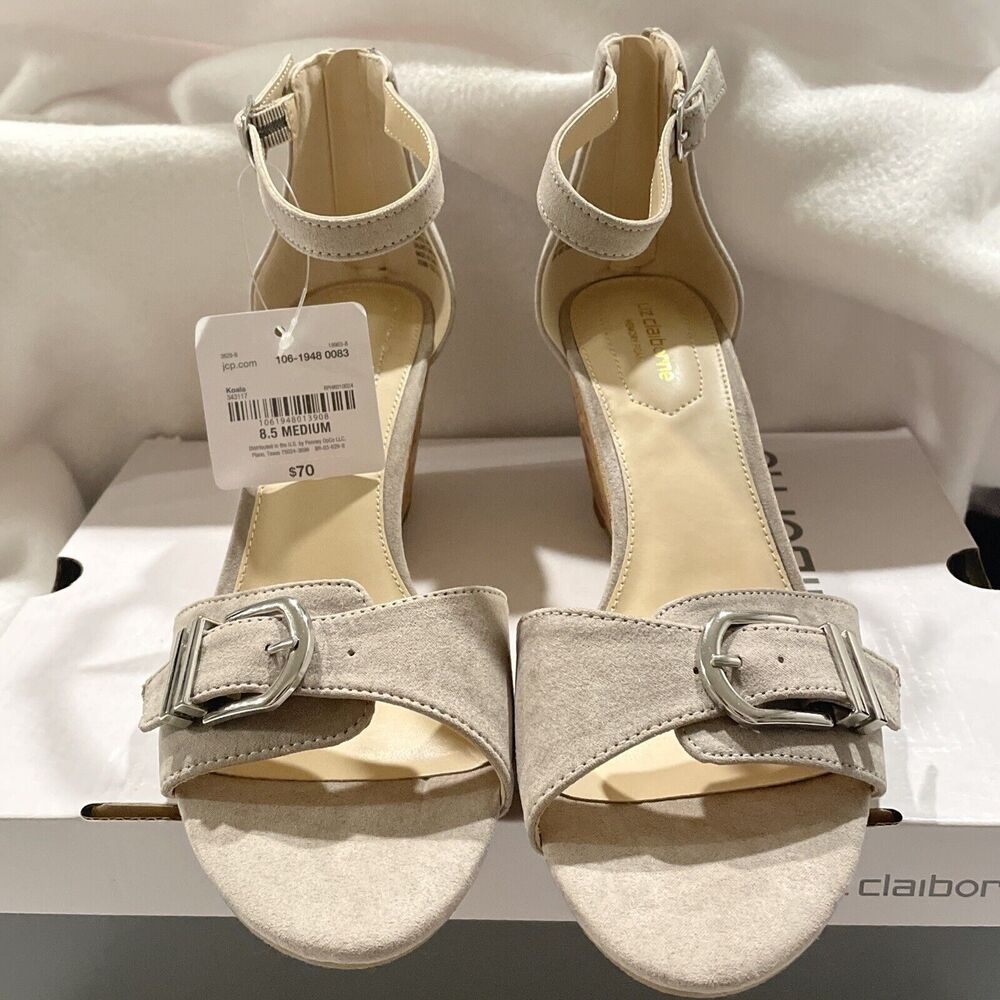 Liz Claiborne Oak Wedge Strappy Sandals Zip buckle 8.5M preppy lagen